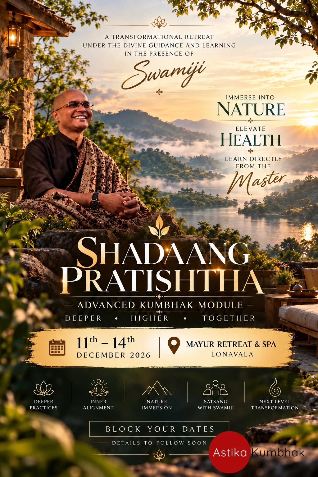 Astika Kumbhak Shadaang Pratishtha retreat poster with Swamy Srii RajVibhu and a landscape, Advanced Kumbhak Module.