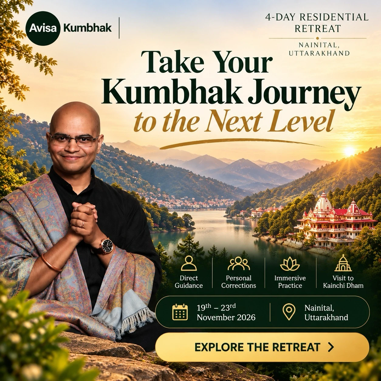 Avisa Kumbhak residential retreat poster showing Swamy Srii RajVibhu in the Nainital mountains, 19–23 November 2026.