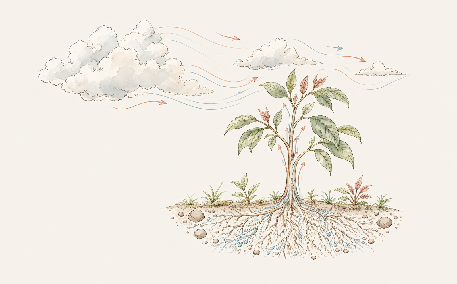 Clouds moving through the air and water and nutrients travelling through a tree’s roots and stem